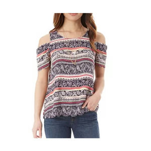 IZ Byer Scallop Edge Cold Shoulder Top Short Sleeve Size L
